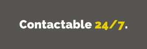 Grey rectangle with white and yellow text reading 'contactable 24/7.' 